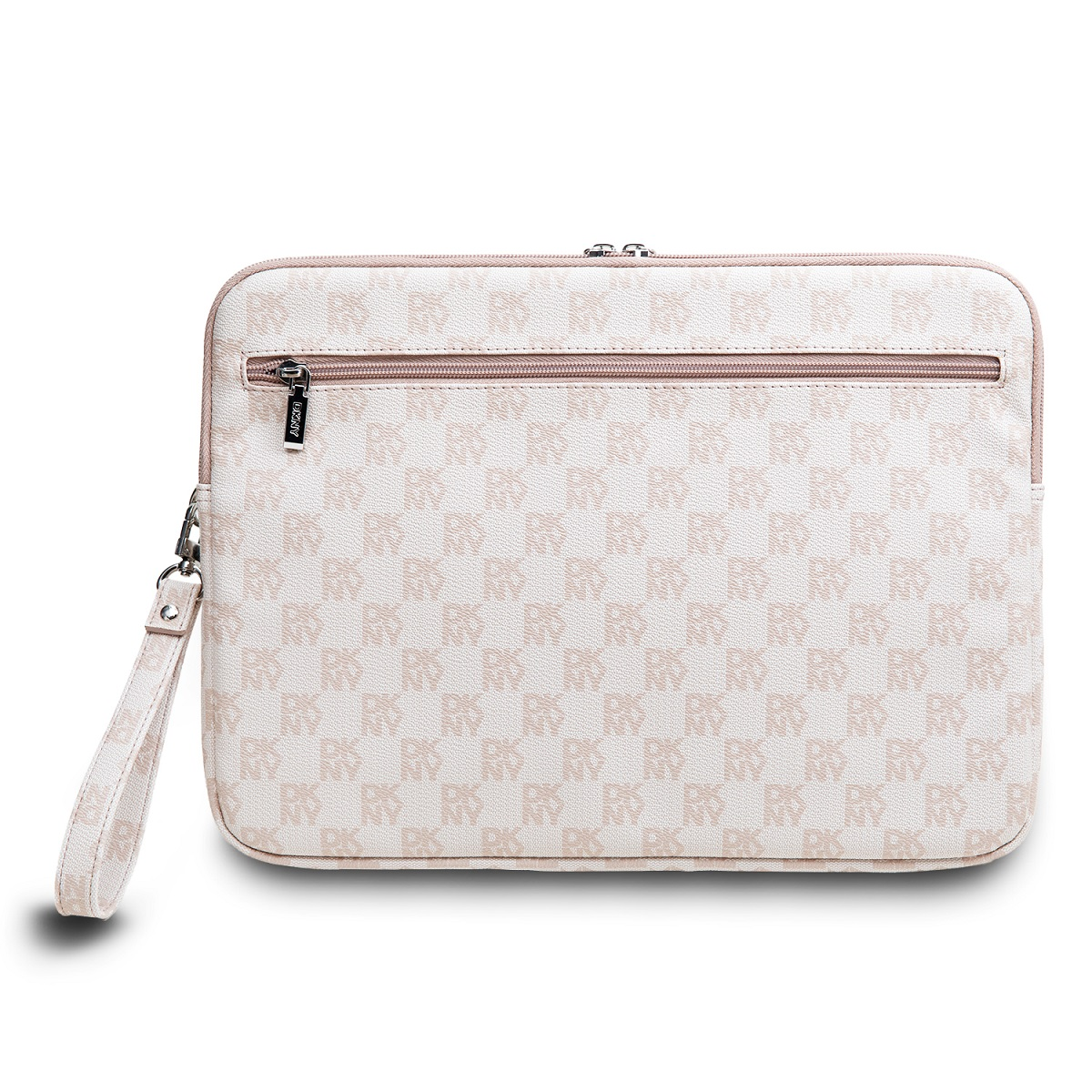 Custodia per laptop color crema con motivo ripetuto e cerniera.