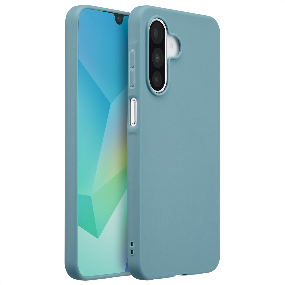 Un étui de téléphone bleu avec un téléphone à l'intérieur. Le téléphone a plusieurs caméras à l'arrière.
