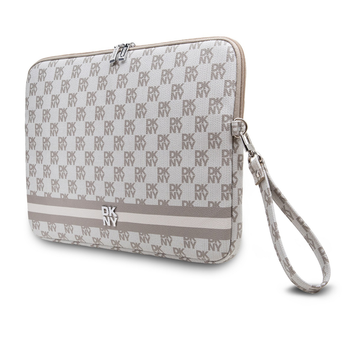 Cremefarbene Laptoptasche mit DKNY NY-Logomuster, Reißverschluss und Handschlaufe.
