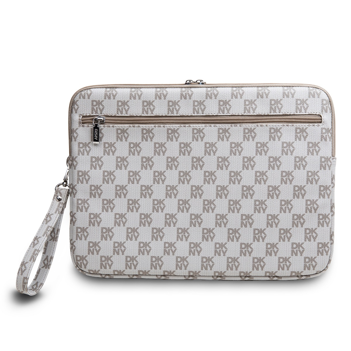 Weiße DKNY-Tasche mit Griff und Reißverschluss. Die Tasche hat ein Muster aus DK- und NY-Symbolen.