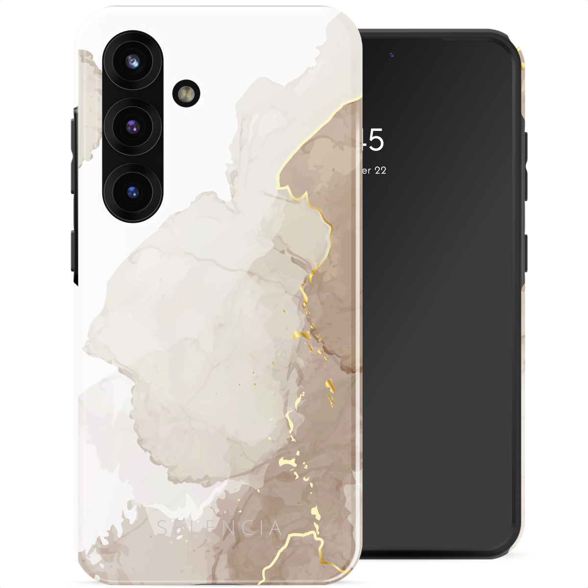 Telefoonhoesje met een beige en goud abstract ontwerp, op een telefoon, met een zwart scherm.