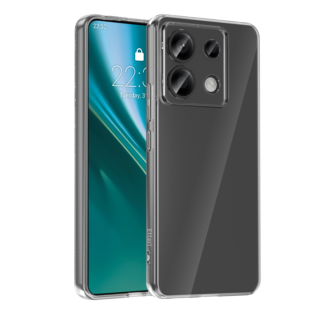 Smartfon w przezroczystym etui, wyświetlający godzinę i ekran blokady na białym tle.