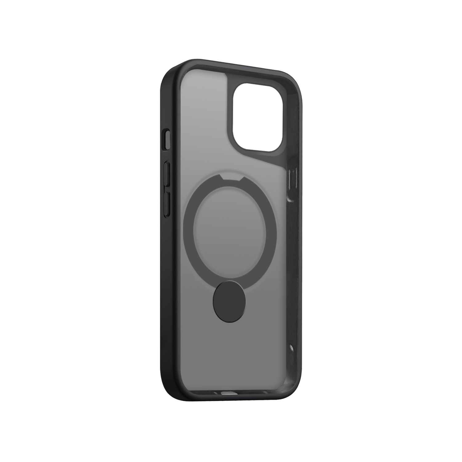 Czarne etui na telefon z pierścieniem i wycięciem na aparat. Soczewki aparatu widoczne przez etui.