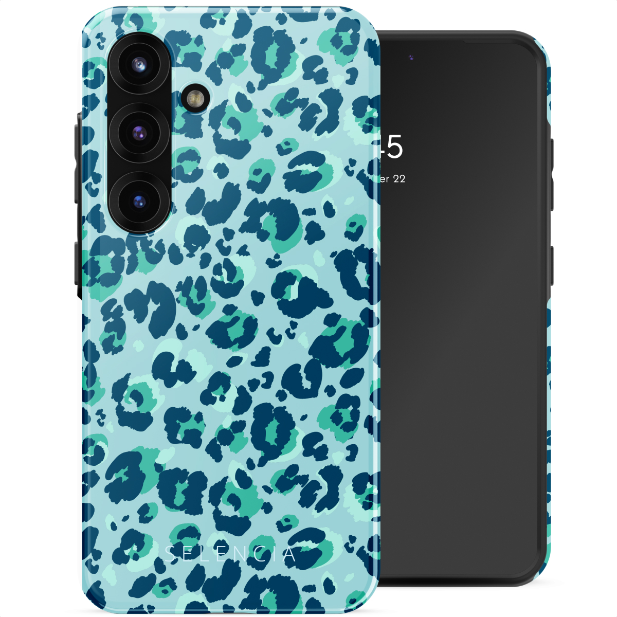 Telefoon met blauwe luipaardprint hoesje. Zwarte telefoon met camera. Witte achtergrond.