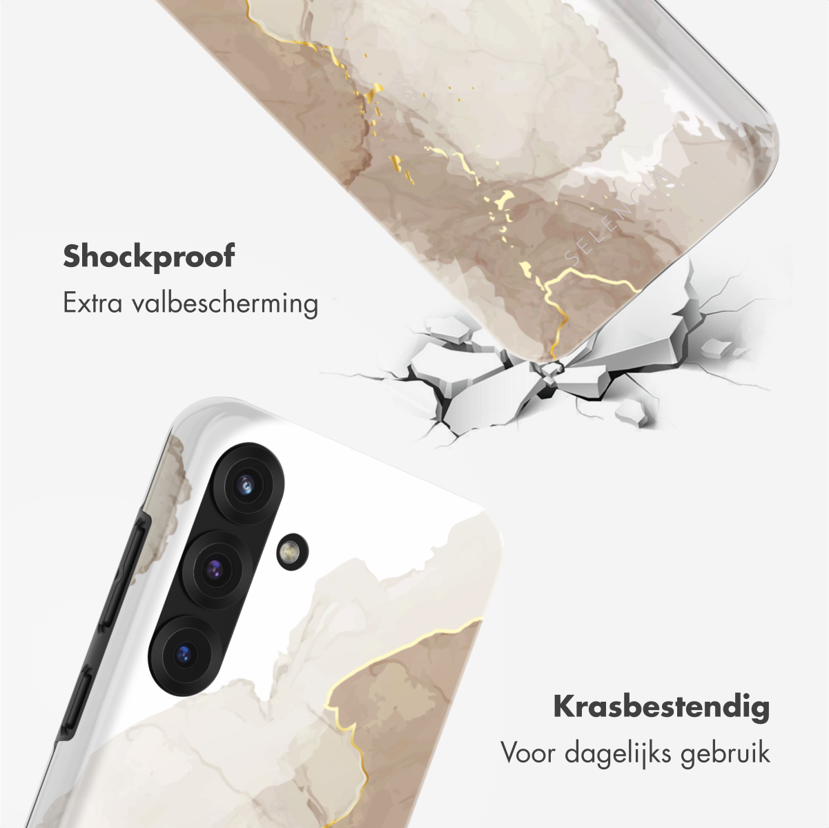 Telefoonhoesje met marmerontwerp, scheuren in de grond en tekst over schokbestendig.