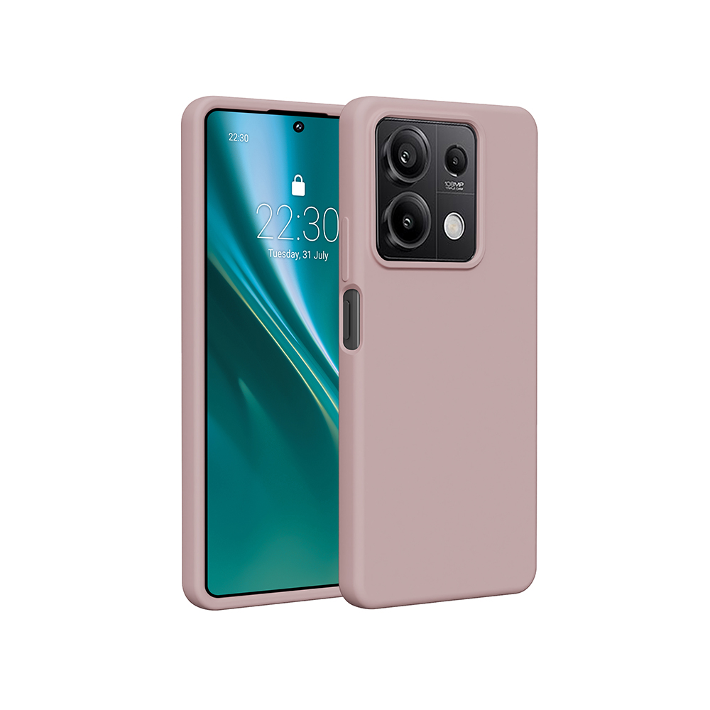 Custodia per telefono rosa con un telefono che mostra l'ora e la data. La custodia è su sfondo bianco.