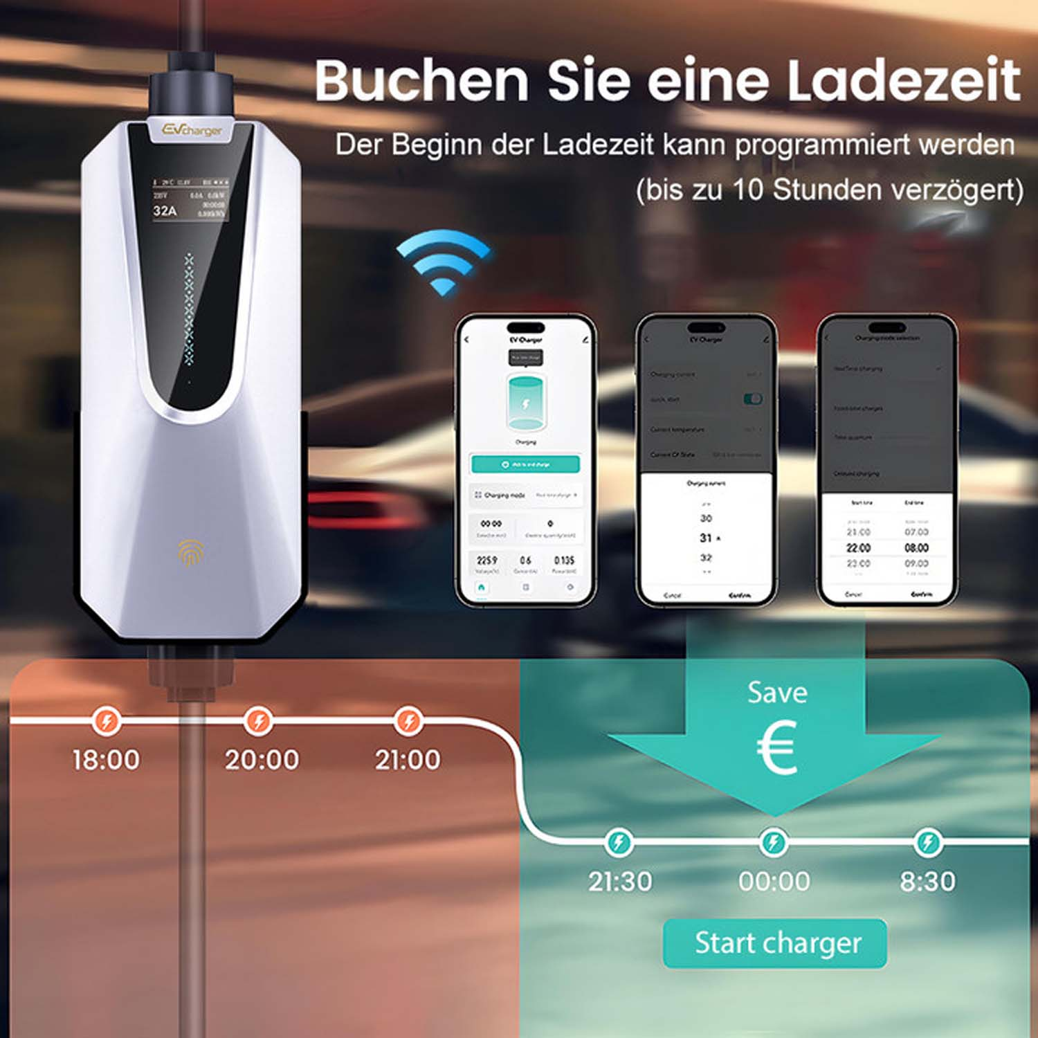 Ein EV-Ladegerät mit Bildschirm und mehreren Telefonen, die Ladeoptionen zeigen.