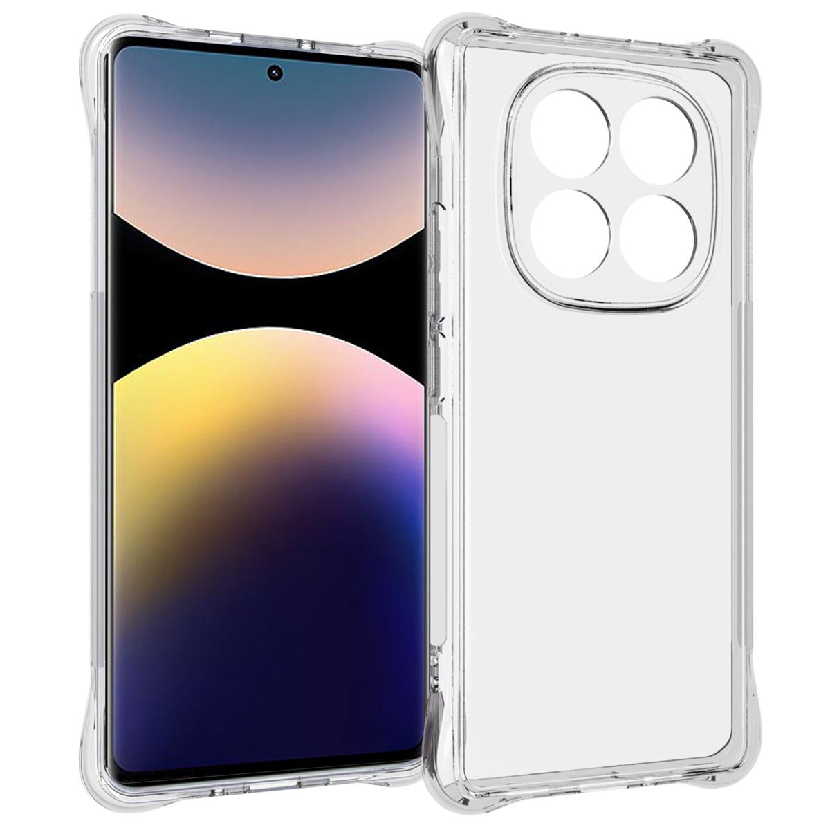 Telefoon met een doorzichtige beschermhoes. Telefoon staat op een witte achtergrond. Transparante hoes.