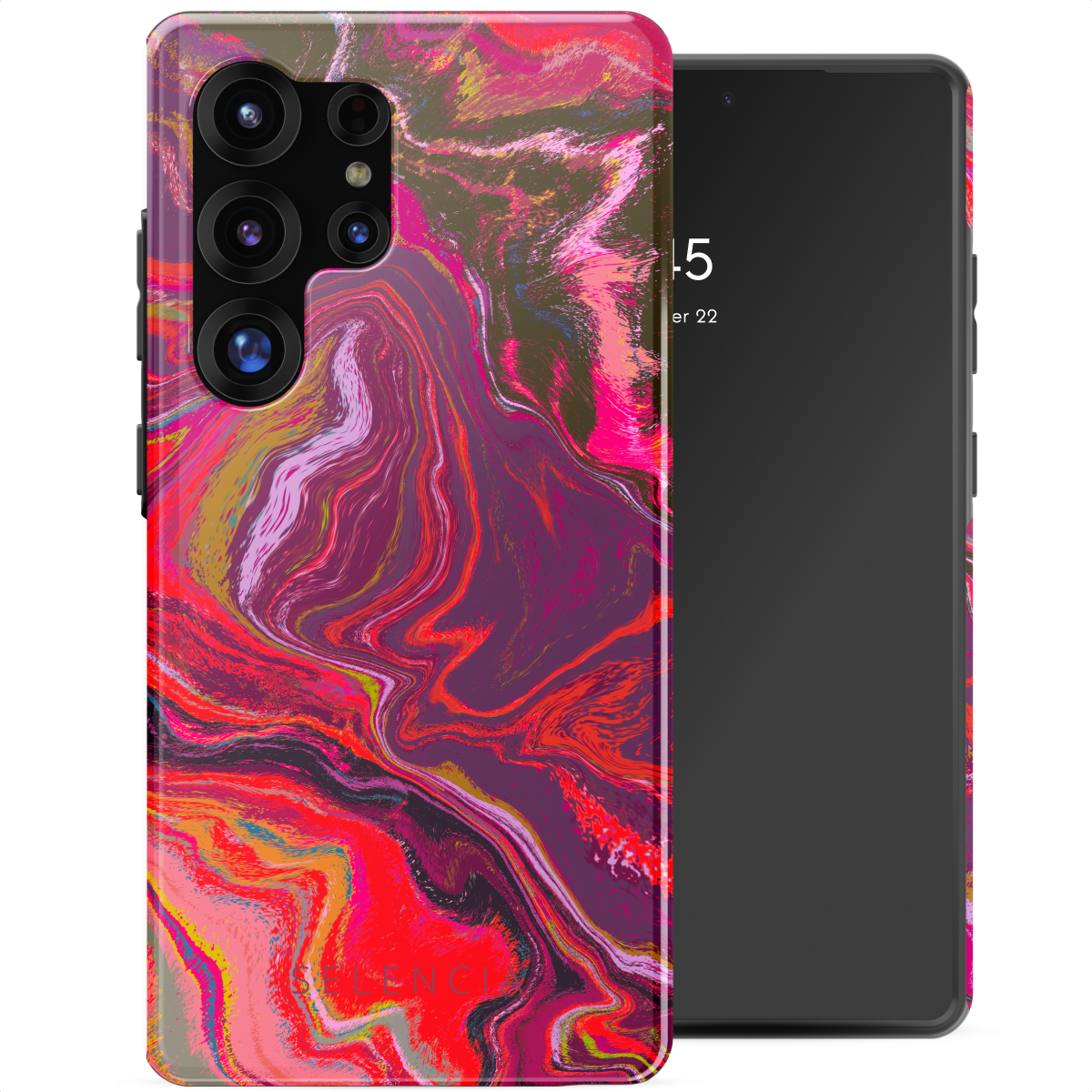 Telefoonhoesje met een rood en roze abstract ontwerp, op een telefoon met een zwart scherm.