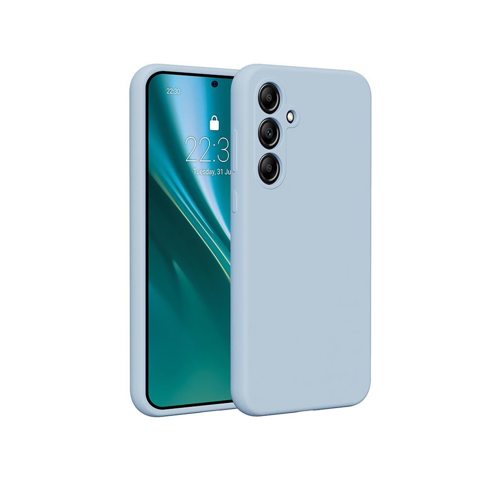 Un telefono azzurro con una custodia azzurra. Lo schermo è acceso.