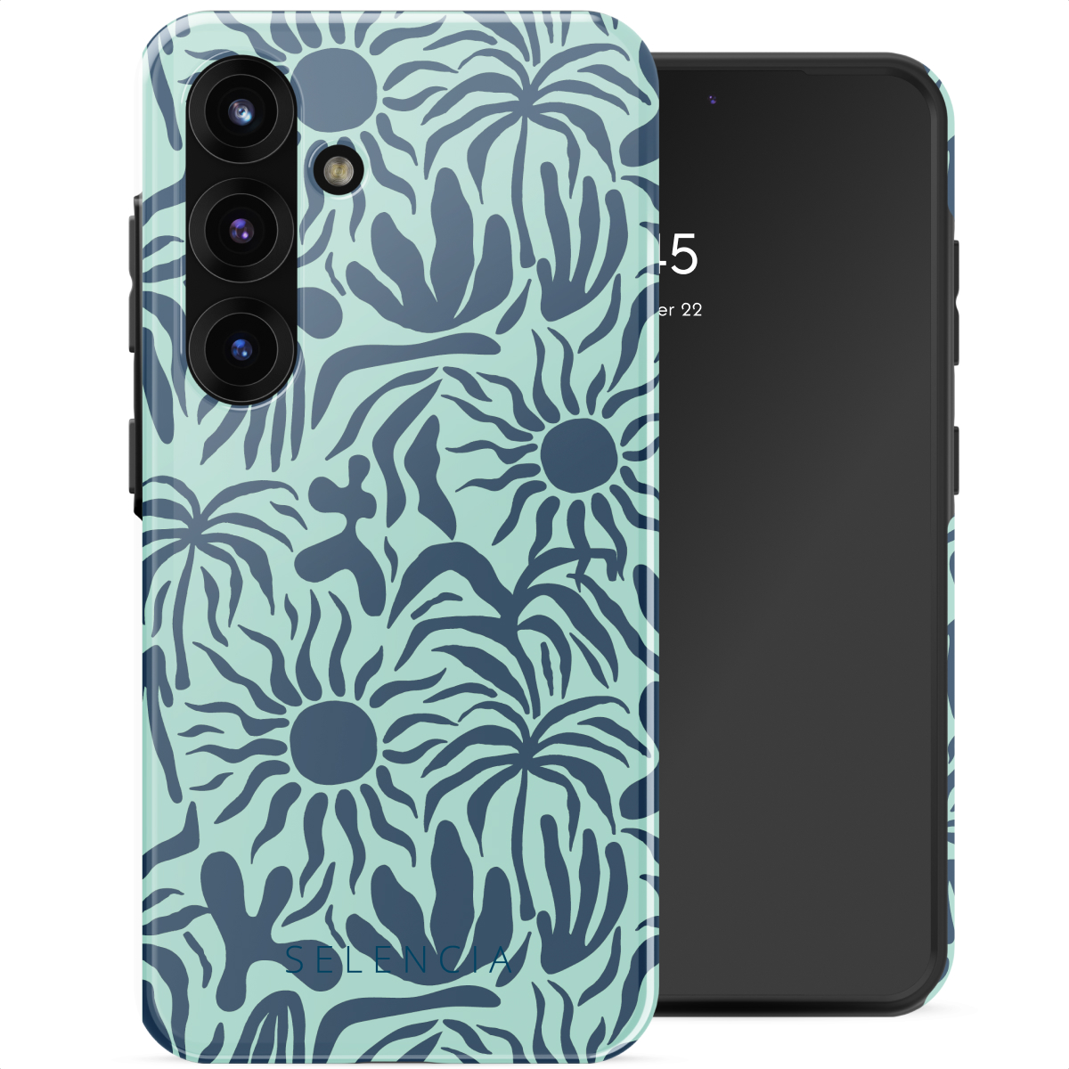 Telefoonhoesje met een bloemenpatroon. Telefoon rechts, toont de tijd. Lichtblauwe achtergrond.