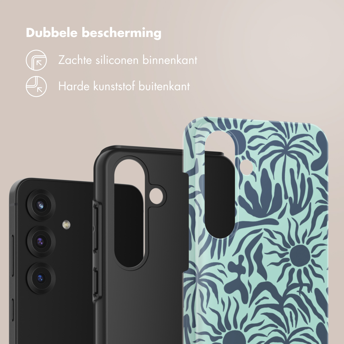 Drie telefoonhoesjes: zwart, zwart en met patroon. Beschermende eigenschappen aangegeven.