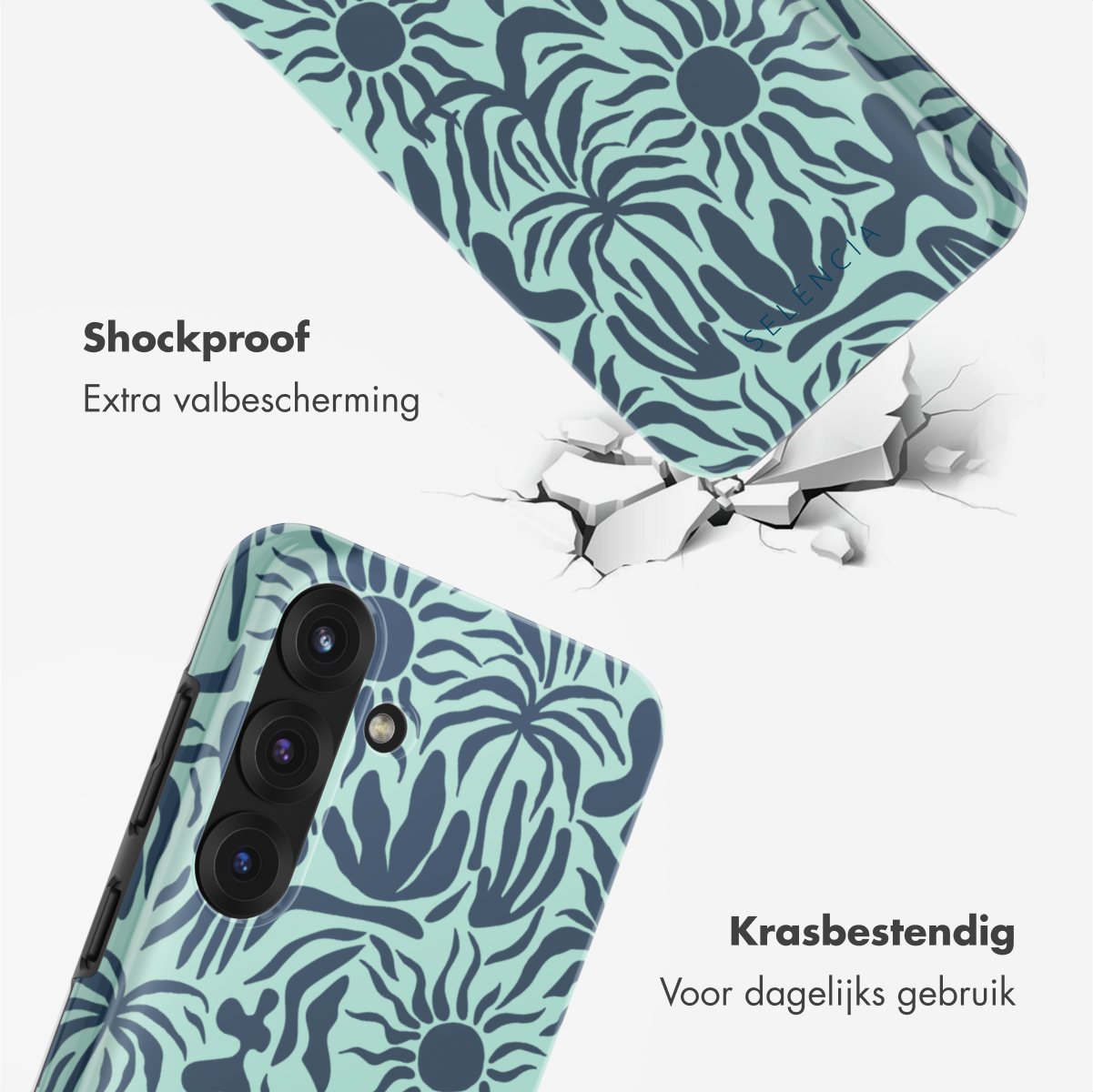 Een telefoonhoesje met een bloemenpatroon, met een craquele-effect op de achtergrond.