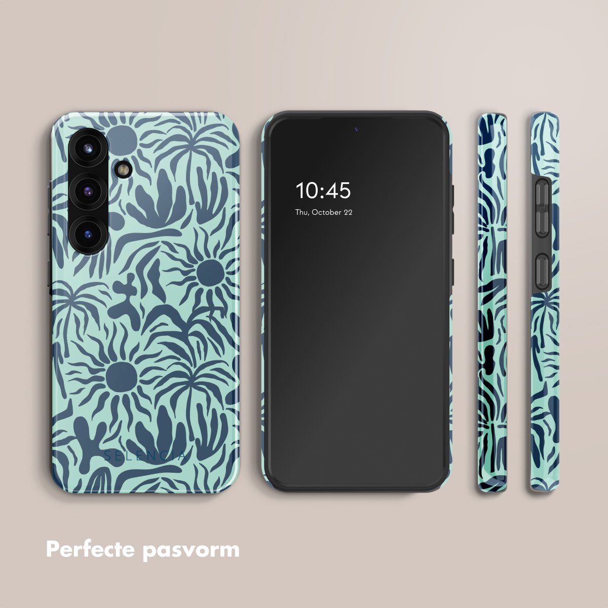 Telefoonhoesje met bloemenpatroon, telefoon met zwart scherm. Drie delen bij elkaar.