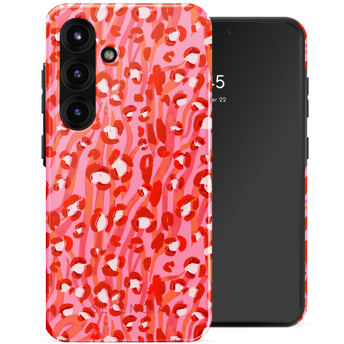 Roze telefoonhoesje met rode en witte luipaardprint. Telefoon is zwart.
