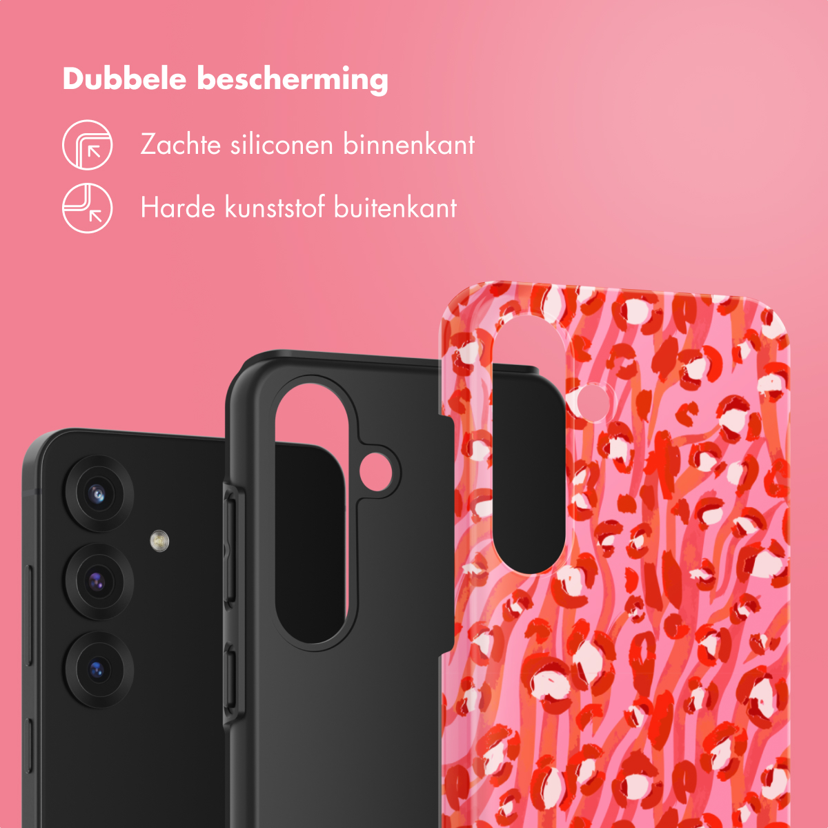 Drie telefoonhoesjes, één met een telefoon. De hoesjes zijn zwart en roze met patroon.