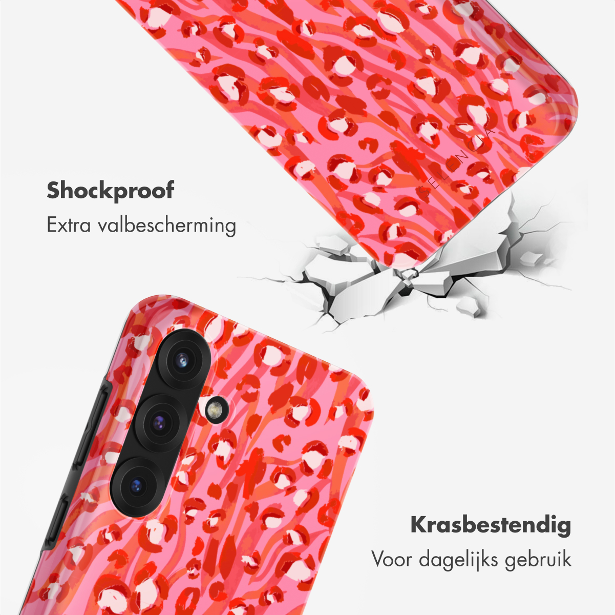 Twee telefoonhoesjes, één op een telefoon, de andere valt. Beide hebben een rode luipaardprint.
