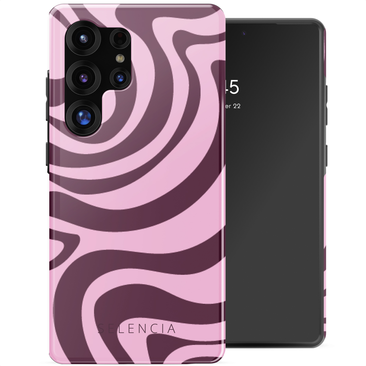 Telefoon met roze en paarse wervel case naast een andere telefoon. Datum op scherm.