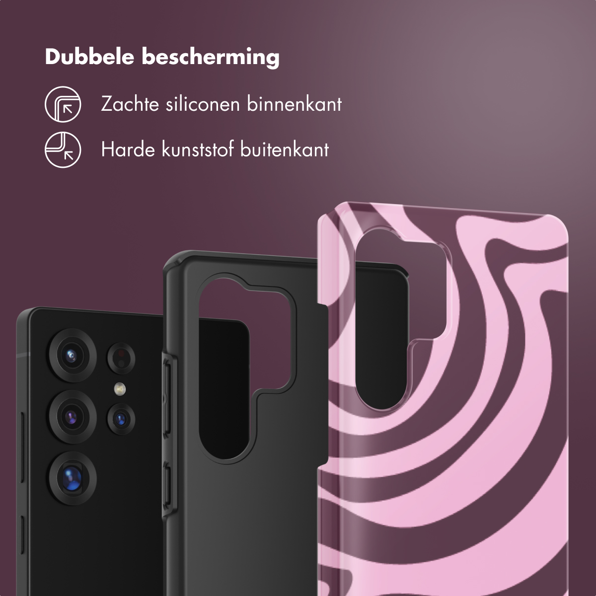 Telefoonhoesjes in zwart en roze met een golvend ontwerp, op een telefoon. Tekst over dubbele bescherming.