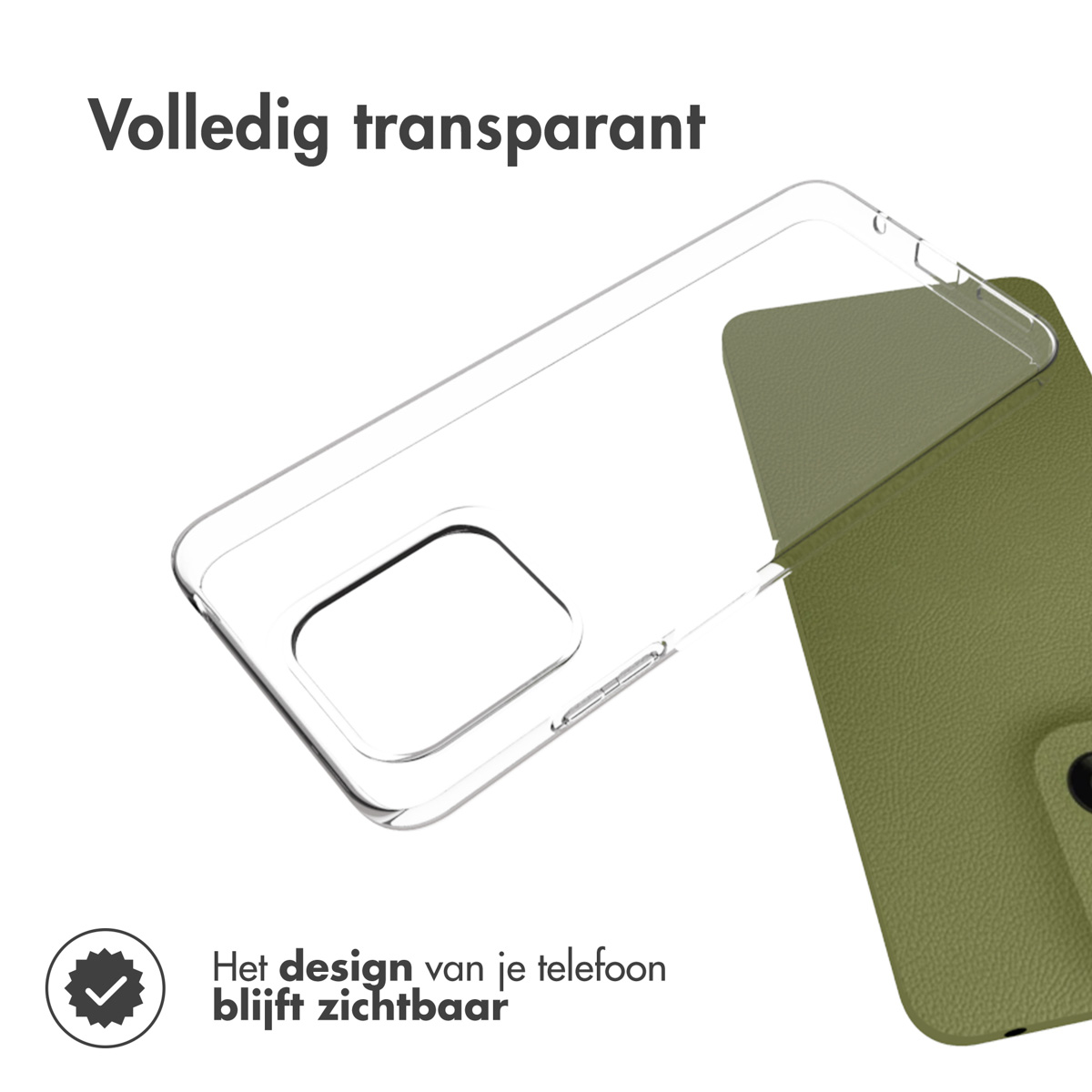 Custodia trasparente per telefono su un telefono. Il testo afferma che il design del telefono rimane visibile.