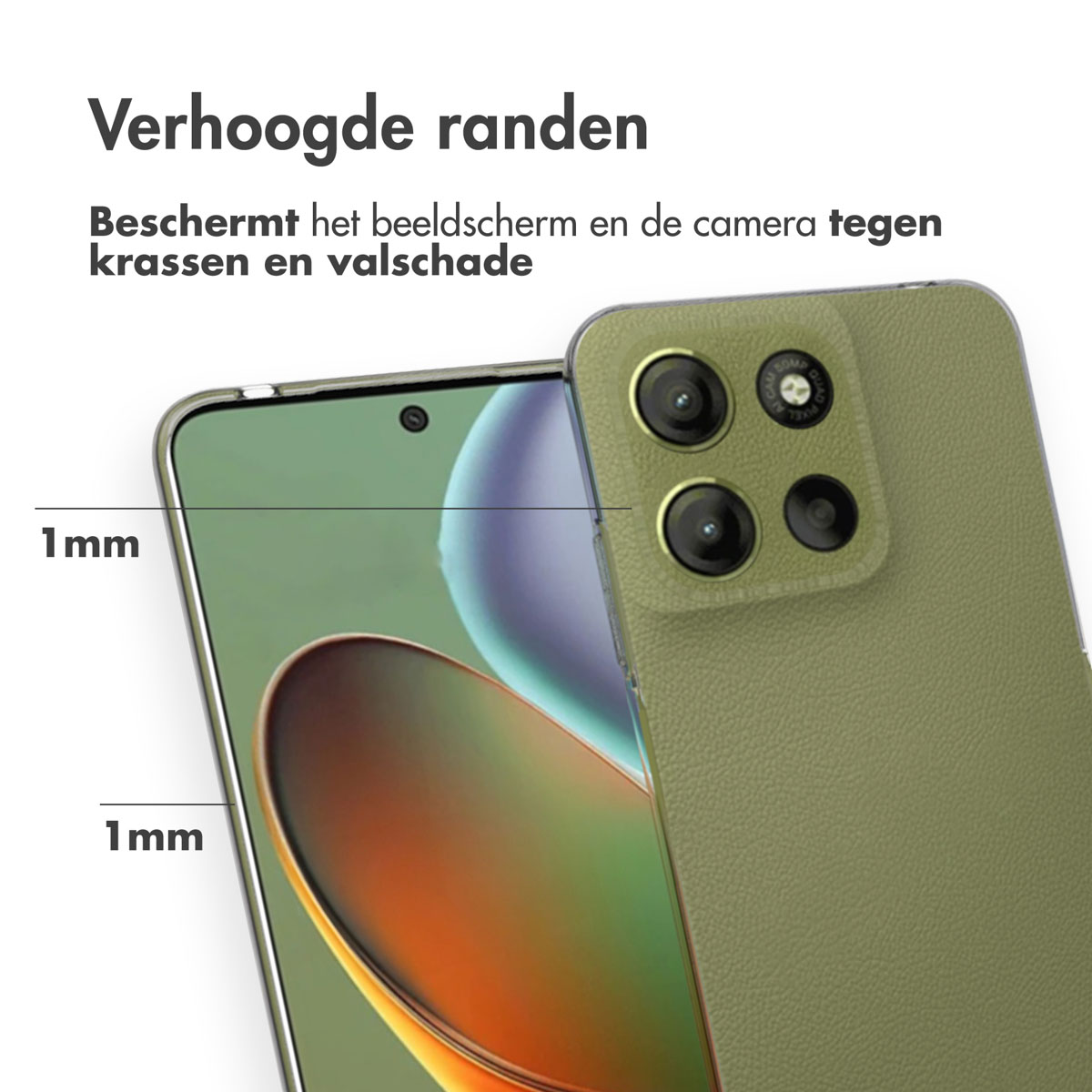 Telefoon met groene case, close-up toont camerabescherming met verhoogde randen.