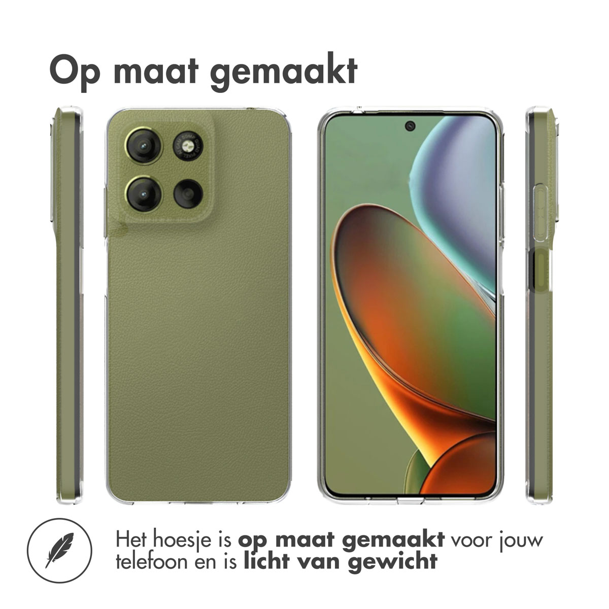 Telefoonhoesje met meerdere aanzichten, op witte achtergrond, tekst zegt dat het op maat gemaakt en licht is.