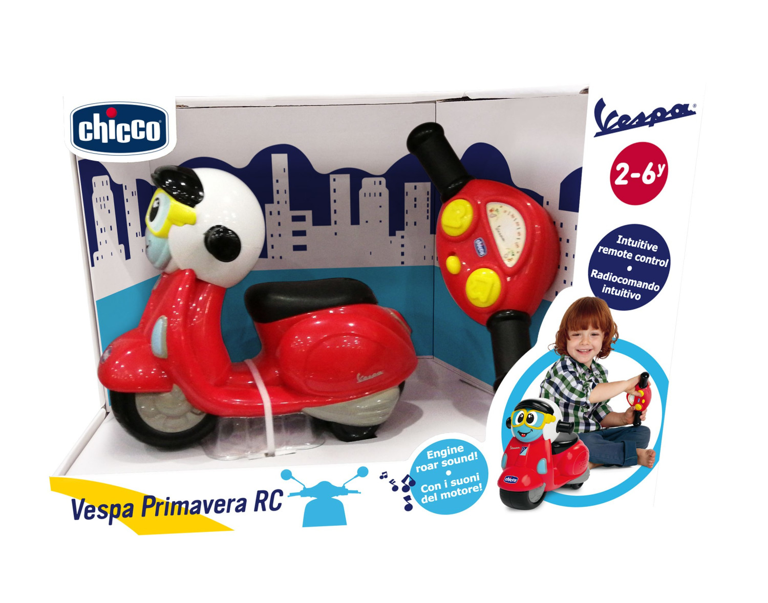 Spielzeug-Vespa-Roller in einer Box mit einem Kind auf einem ähnlichen Roller.
