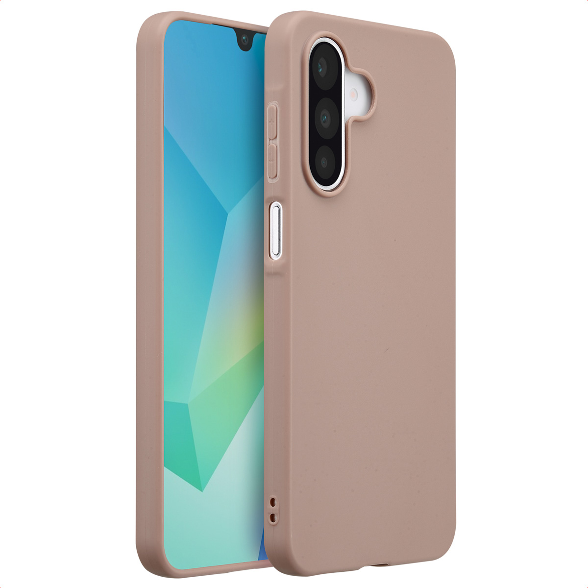 Un téléphone dans un étui rose, montrant l'écran. L'étui a un design incurvé avec des boutons de caméra et de volume.