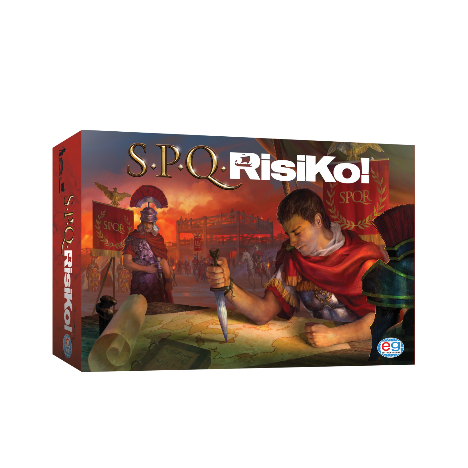 Eine Brettspielbox 'S.P.Q. Risiko!'. Sie zeigt einen römischen Soldaten mit Karte und Schwert.