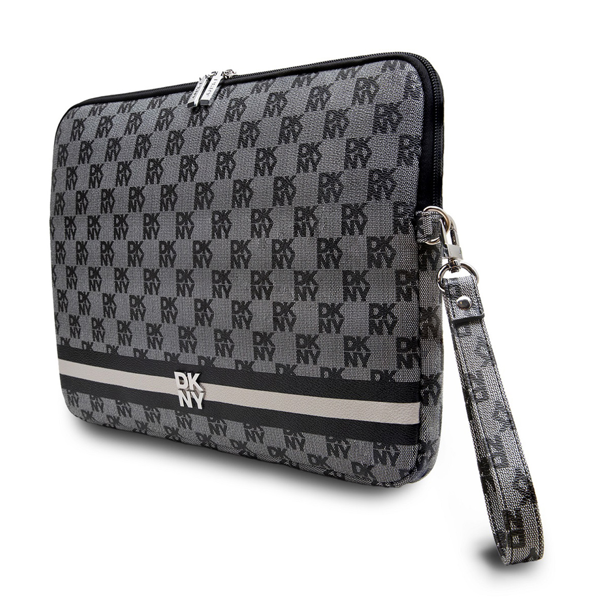 Custodia per laptop marchiata DKNY. Motivo grigio e nero con manico. Cerniera argentata.
