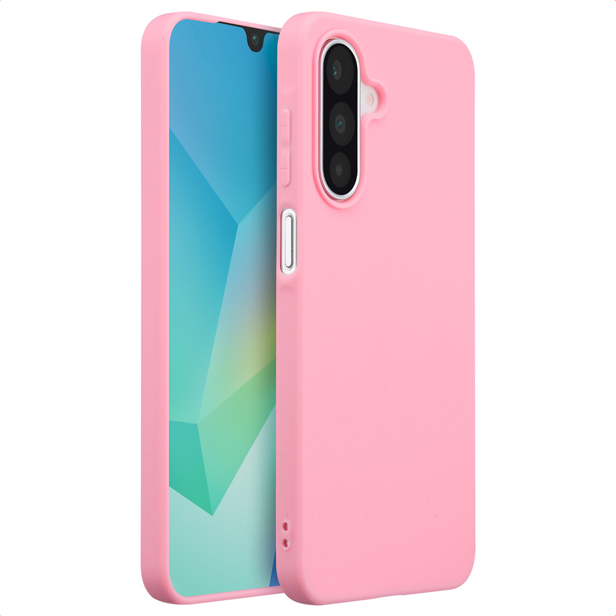 Een roze telefoon in een roze hoesje. Het hoesje heeft drie camera's. Witte achtergrond.