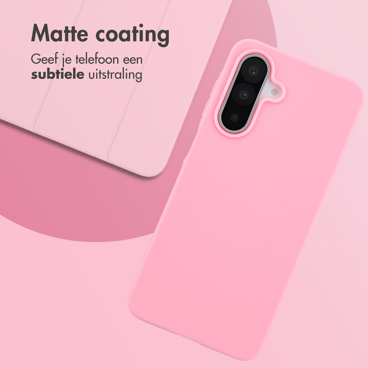 Roze telefoonhoesje met een telefoon en roze achtergrond.