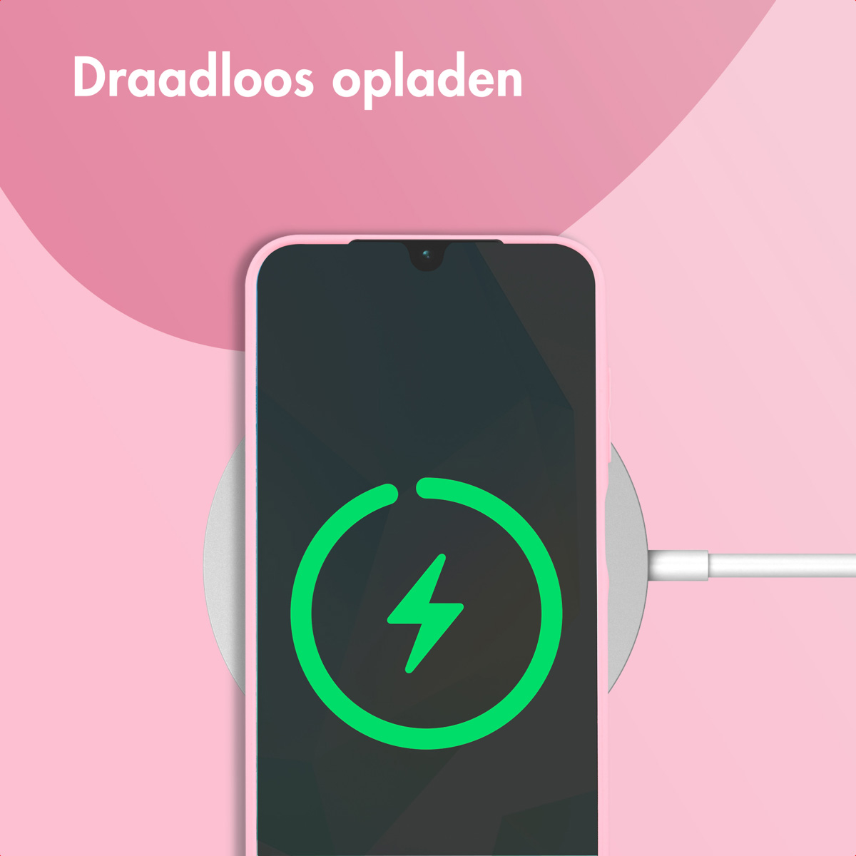 Een telefoon op een oplaadpad. Het telefoonscherm toont een groene bliksem. De tekst 'Draadloos opladen' staat erboven.