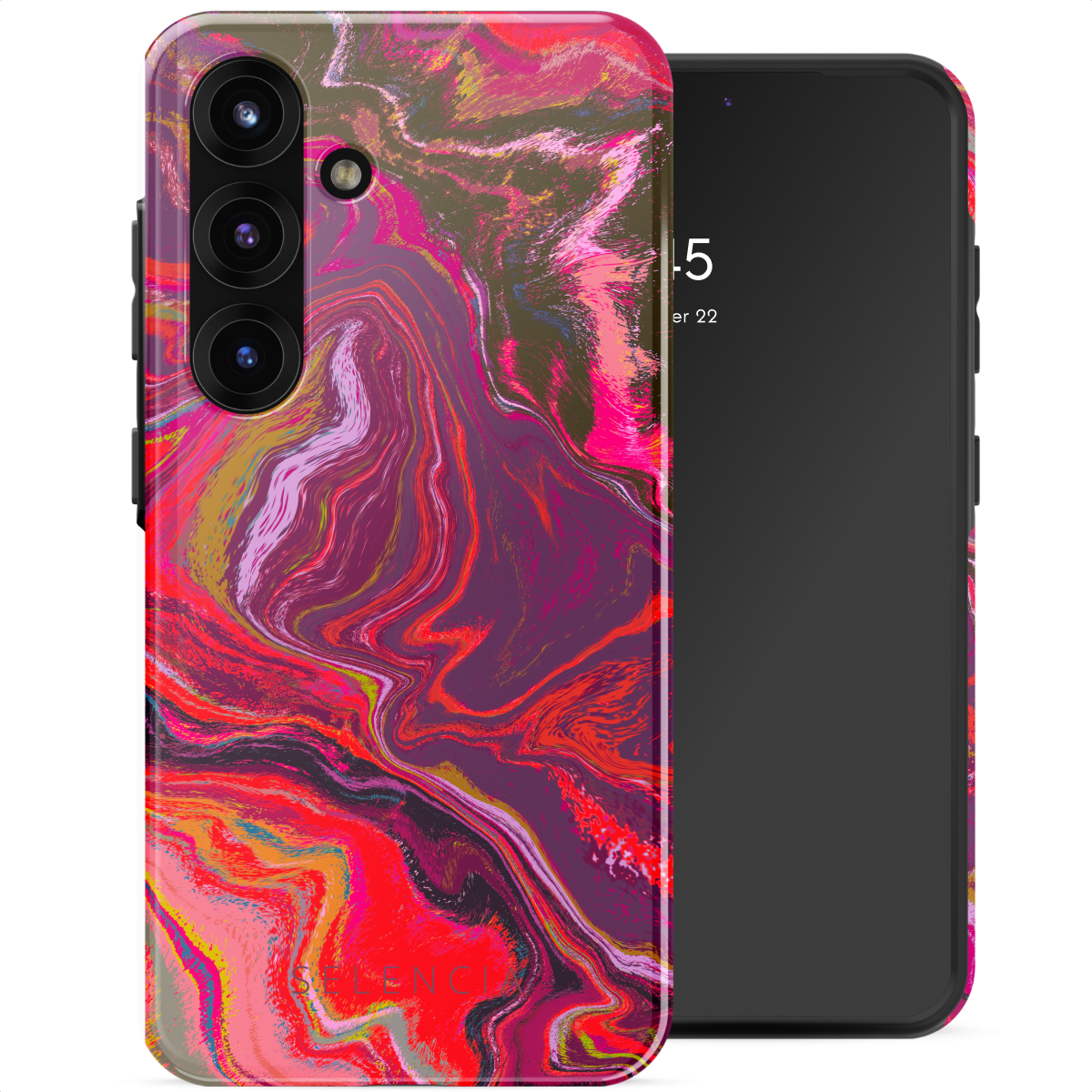 Een telefoonhoesje met een levendig abstract, kleurrijk ontwerp en een zwarte telefoon ernaast.