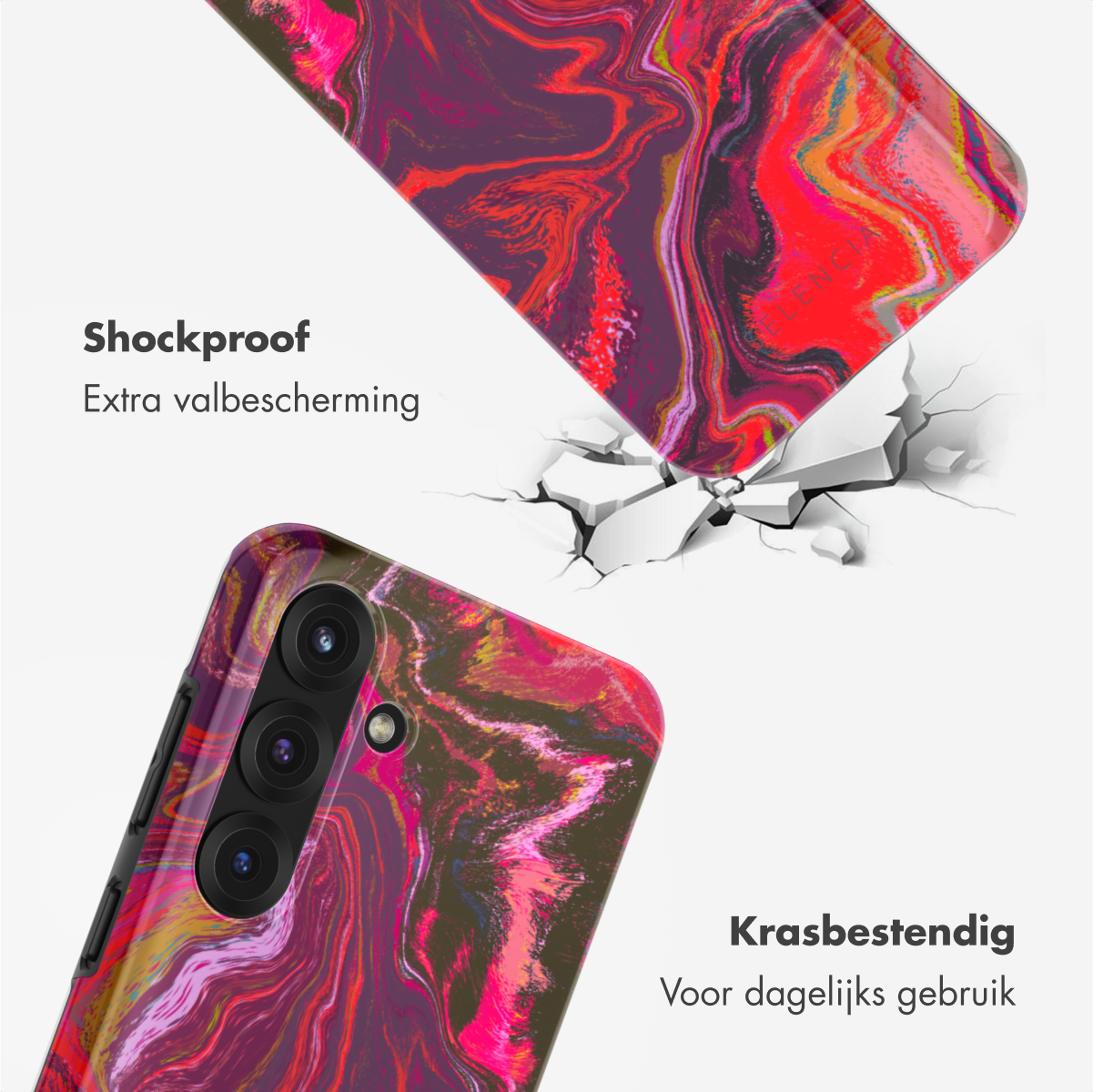 Telefoonhoesje met een marmer ontwerp. Tekst: Schokbestendig. Krasbestendig. Witte achtergrond.
