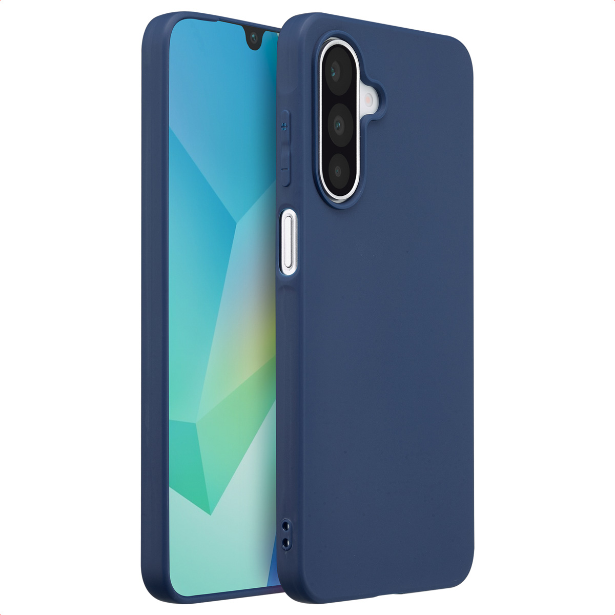 Blauw telefoonhoesje op een telefoon, met een close-up van de zijknoppen.