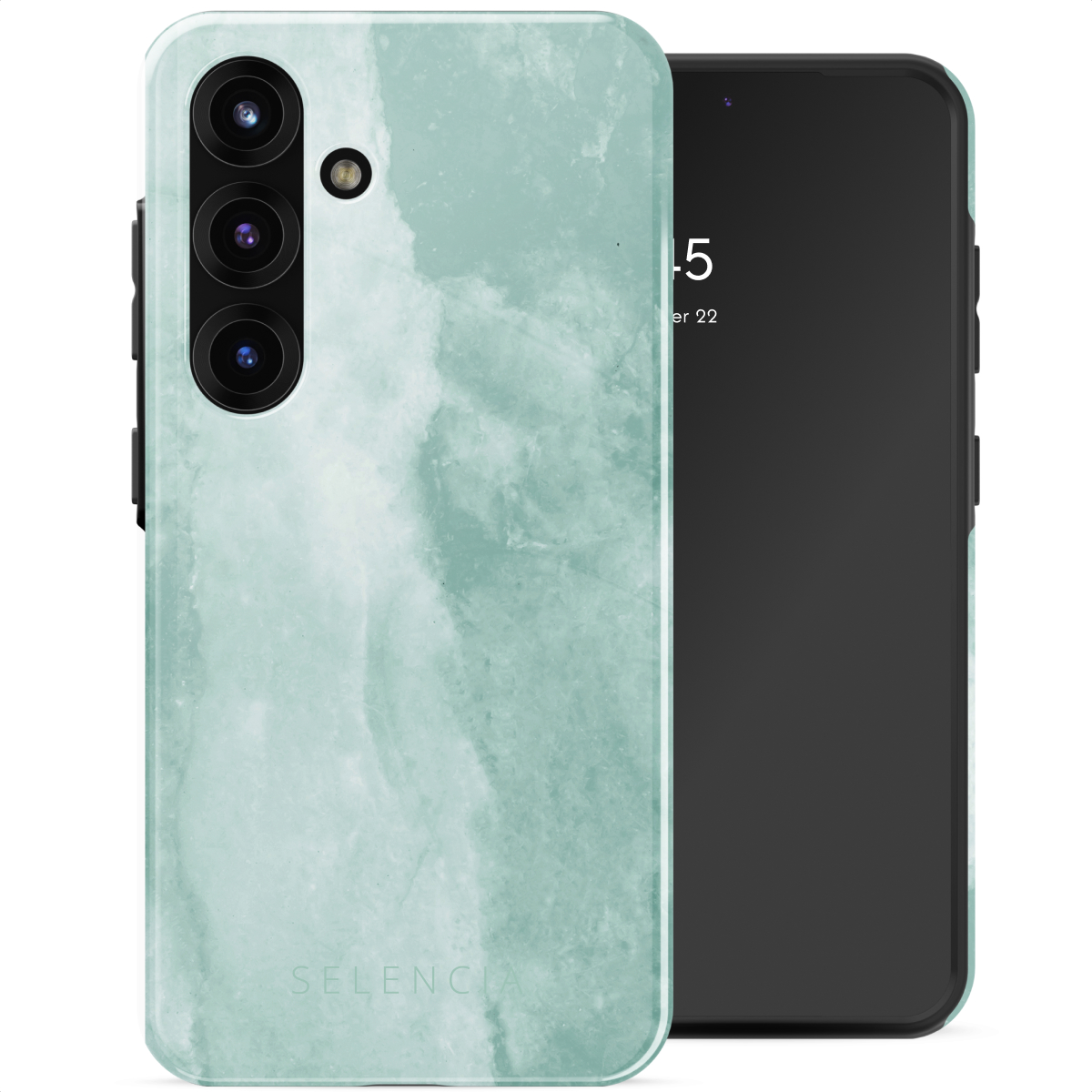 Telefoonhoesje met een blauw marmerontwerp met een telefoon. Het staat op een witte achtergrond.