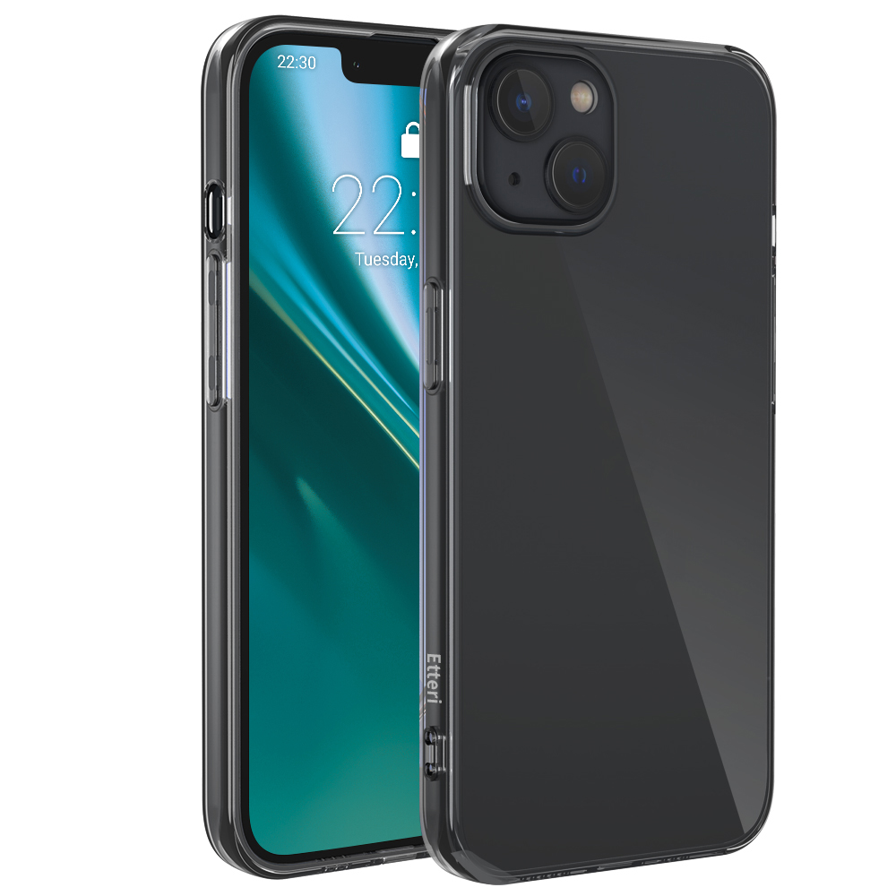 Zbliżenie czarnego telefonu w przezroczystym etui. Białe tło.