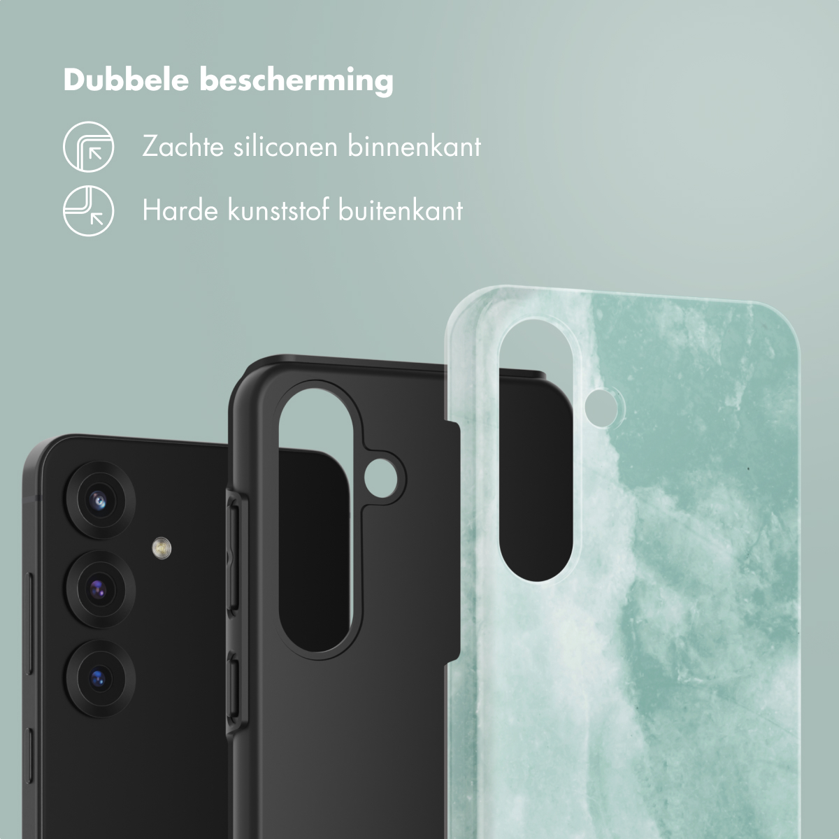 Drie telefoonhoesjes: zwart, zwart met een gat en blauwgroen marmer. De blauwgroene hoes zit rechts.