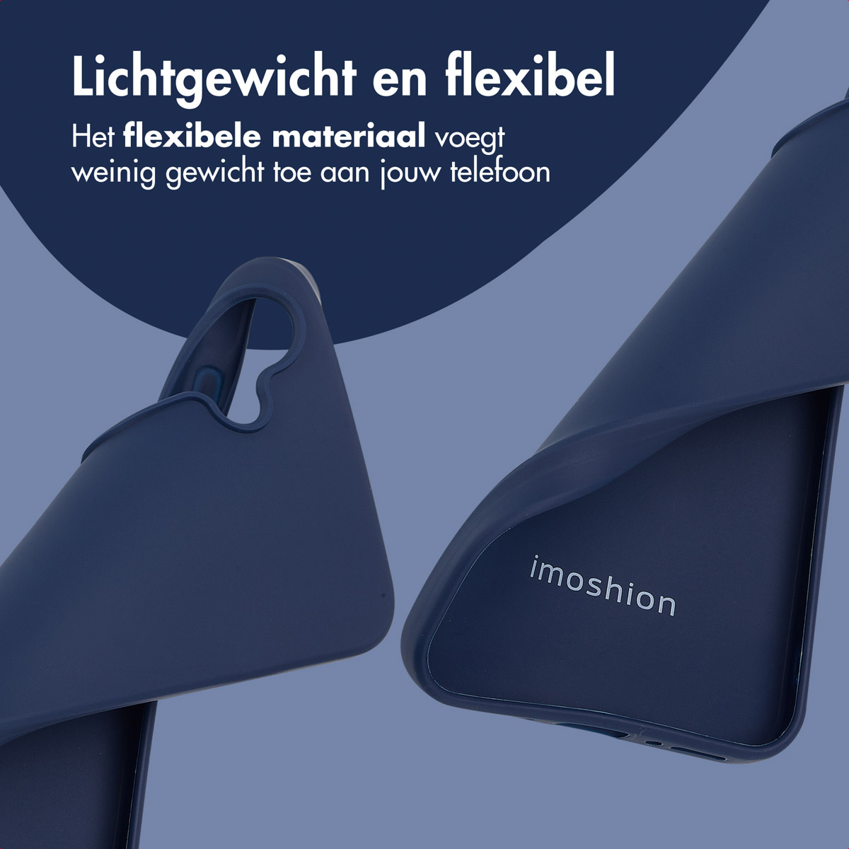Twee marineblauwe telefoonhoesjes, één open, tegen een blauwe achtergrond met tekst over flexibiliteit.