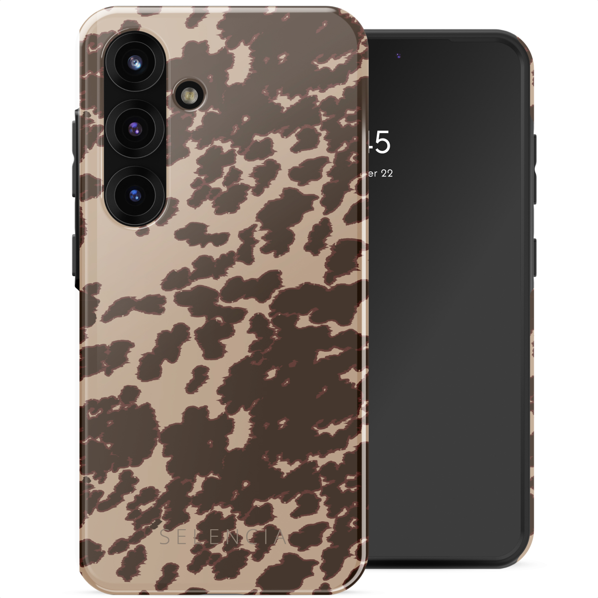 Een telefoonhoesje met een bruin en beige dierenprint op een witte achtergrond.