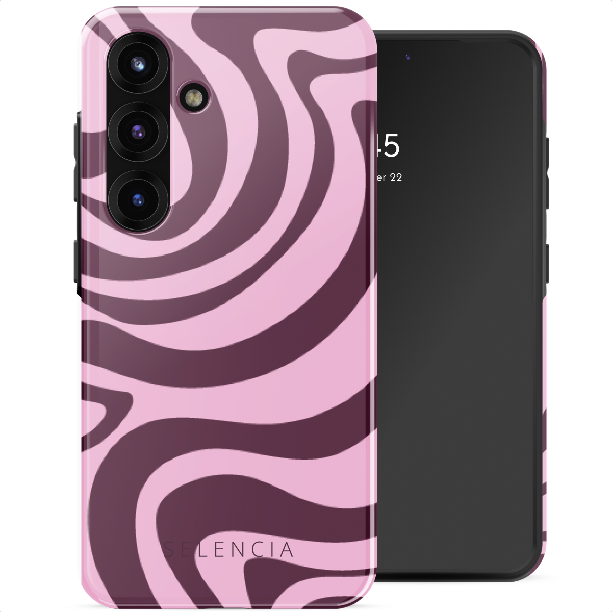 Telefoonhoesje op een telefoon, met een paars en roze wervelontwerp. Het merk Selencia staat op de hoes.