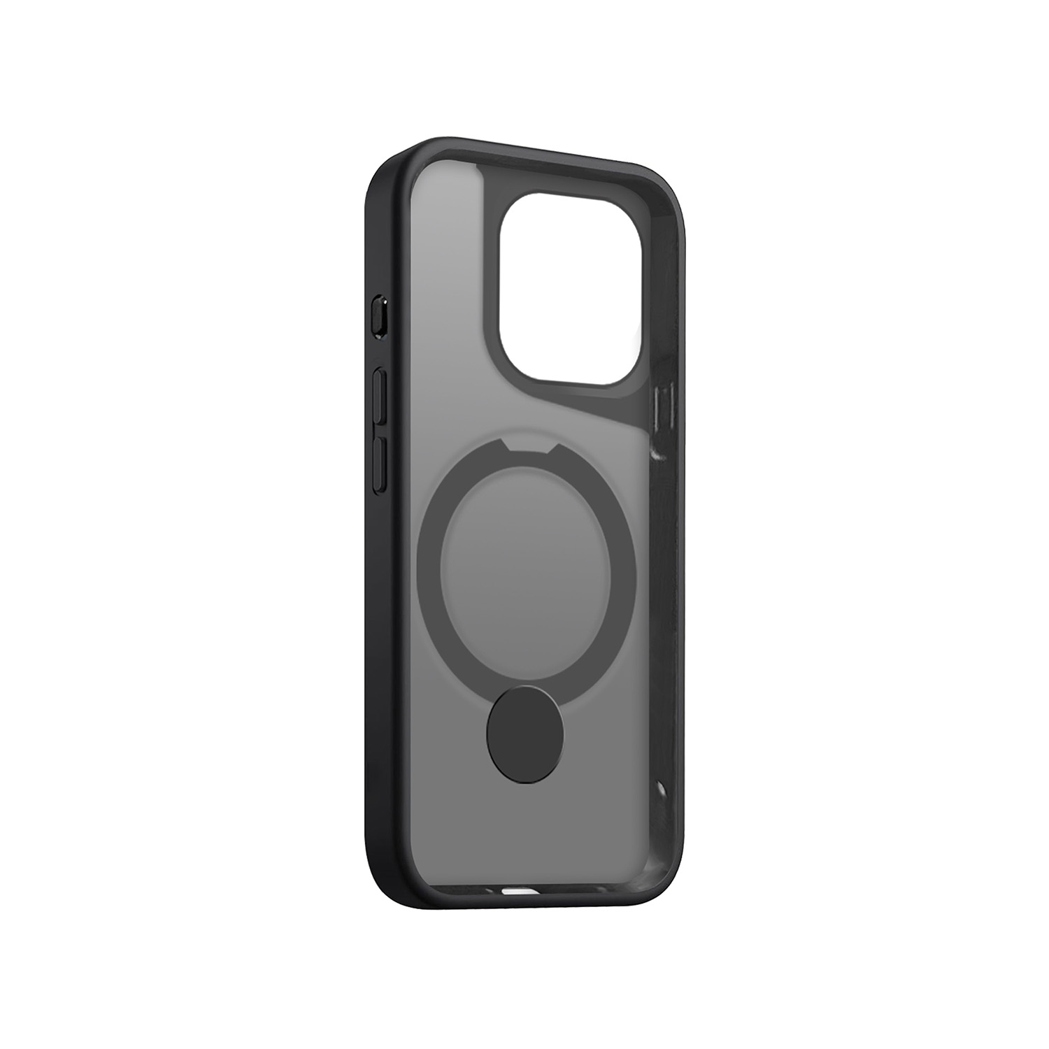 Custodia nera per telefono con retro trasparente e design circolare scuro, con bordo nero.