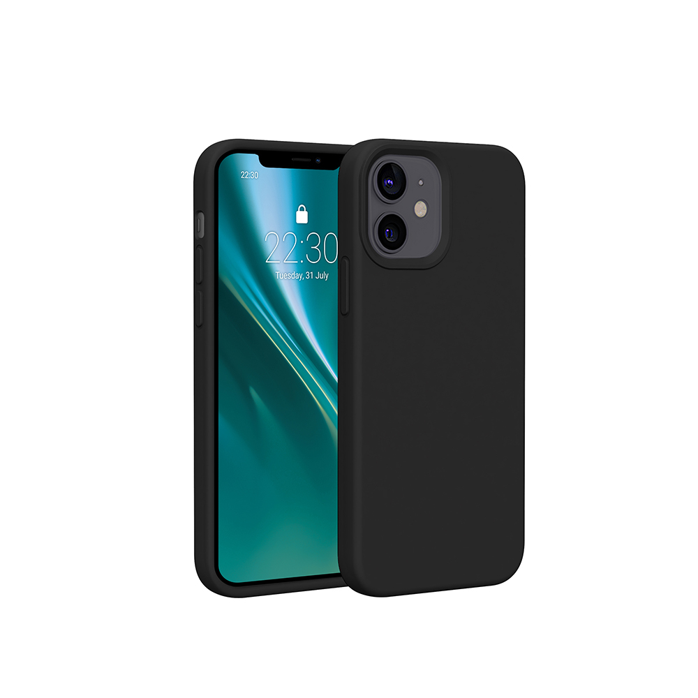 Czarne etui na telefon z telefonem w środku, wyświetlającym godzinę i datę, z dwoma obiektywami aparatu.