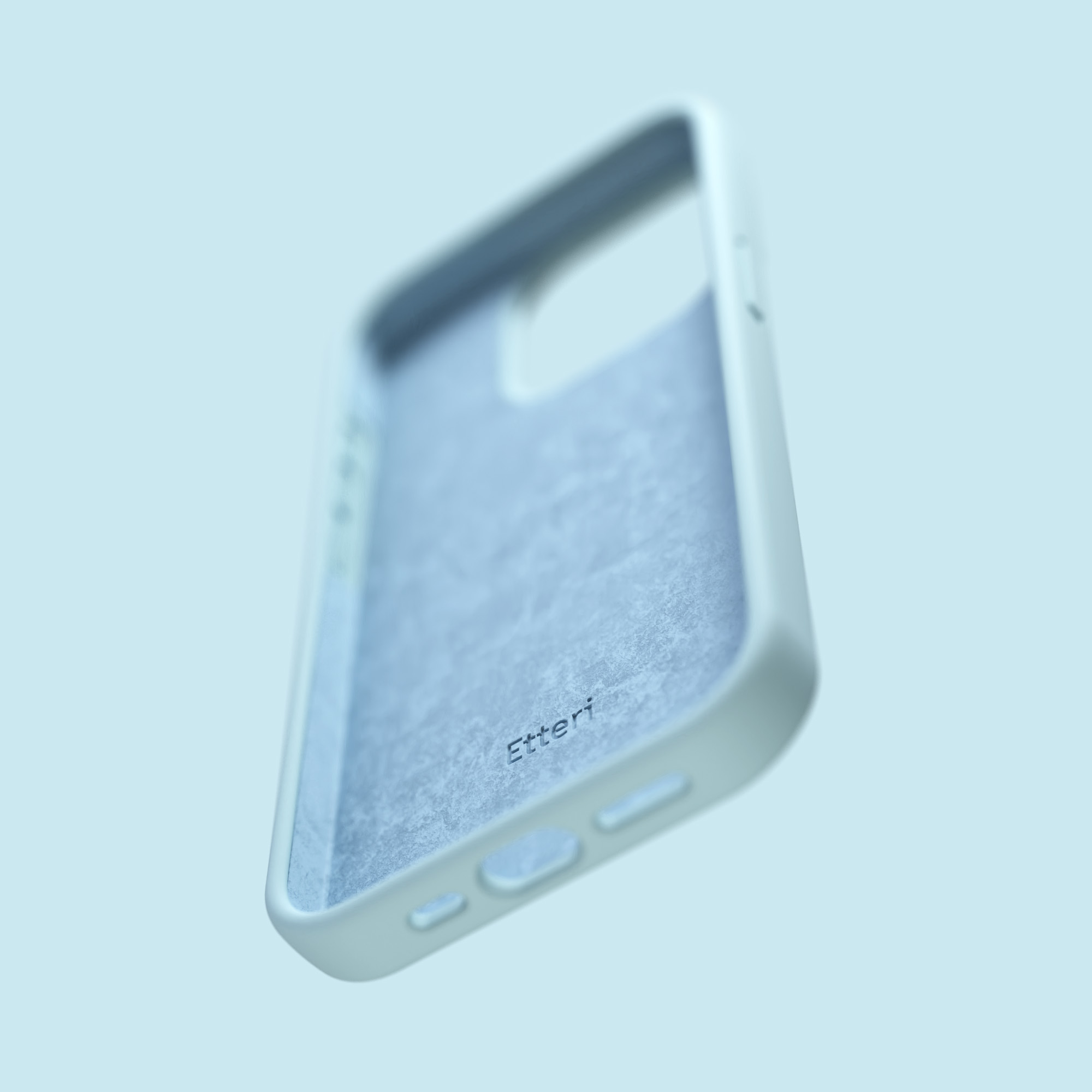 Wnętrze etui na telefon, jasnoniebieskie z tekstem, unoszące się w przestrzeni.