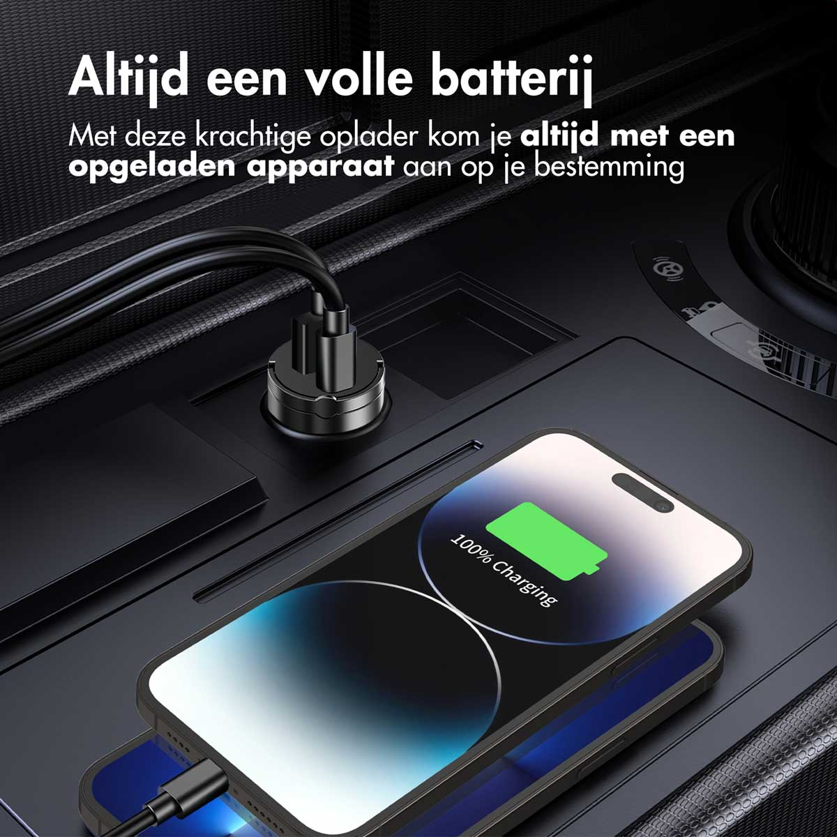 Phone charging on a black charging station, with a battery icon.
