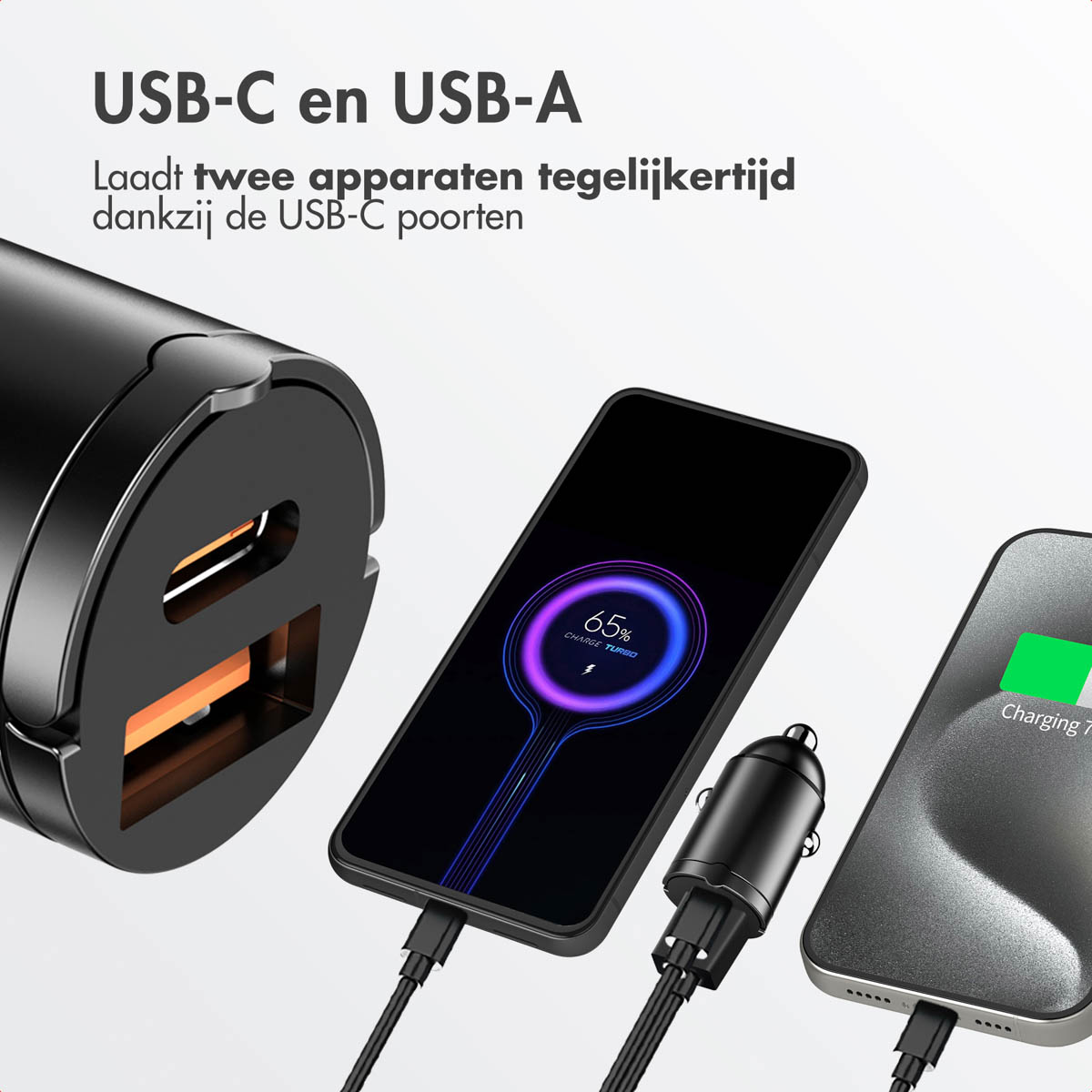 Black USB-C car charger charging two phones. Display shows 65% charging.