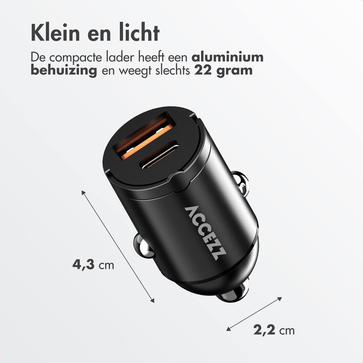 A small black charger with dimensions marked. Text says: 'Small and light. 2.2cm x 4.3cm'.