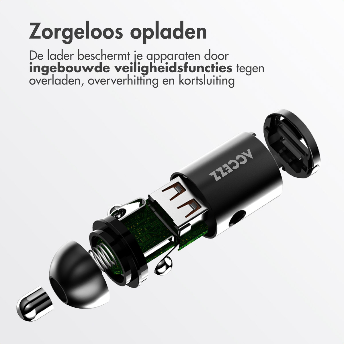 A charger with safety features, with a detailed internal view.