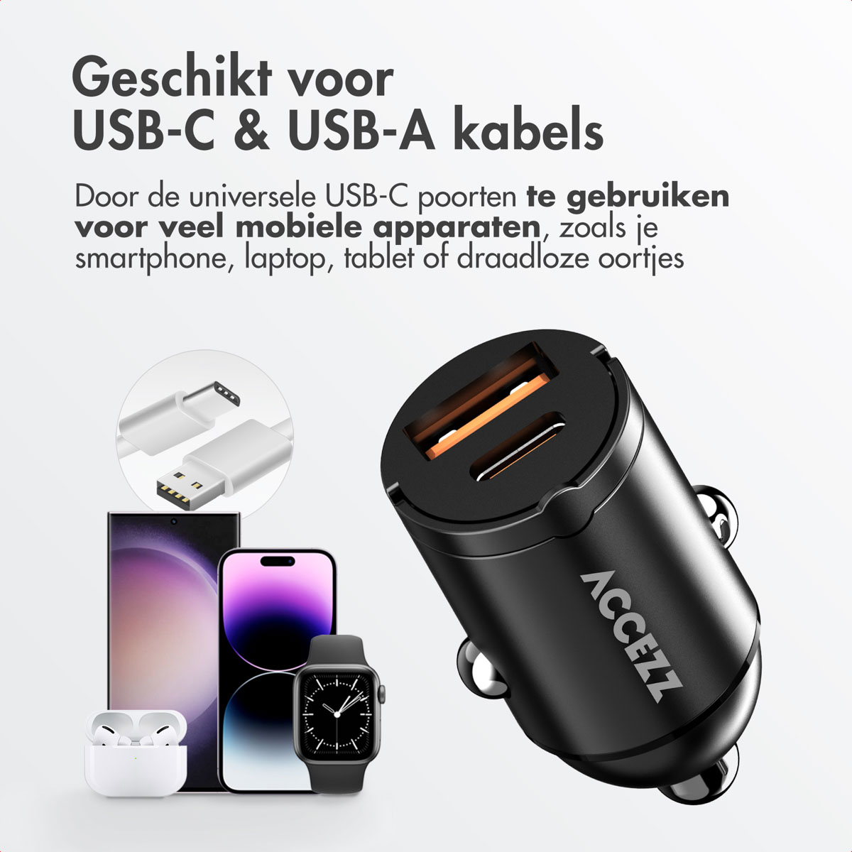 Black car charger with USB-C and USB-A ports, and devices connected.